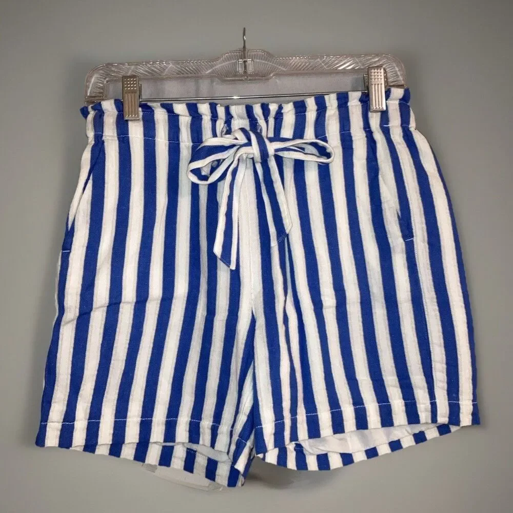 J Crew Womens XS Blue‎ White Striped Linen Blend Paperbag Tie Waist Shorts Beach